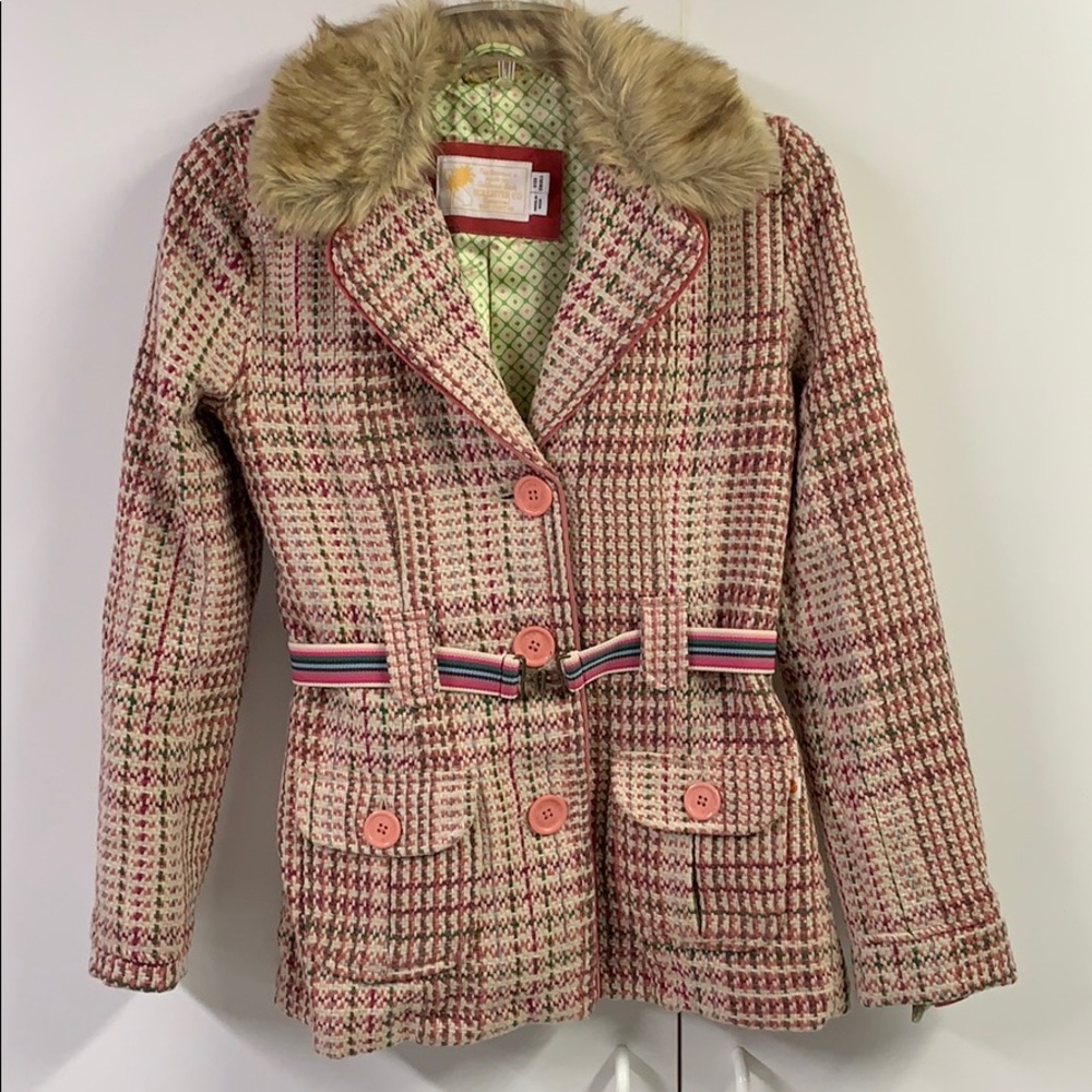 Hollister Faux fur trim cross hatch jacket w/belt